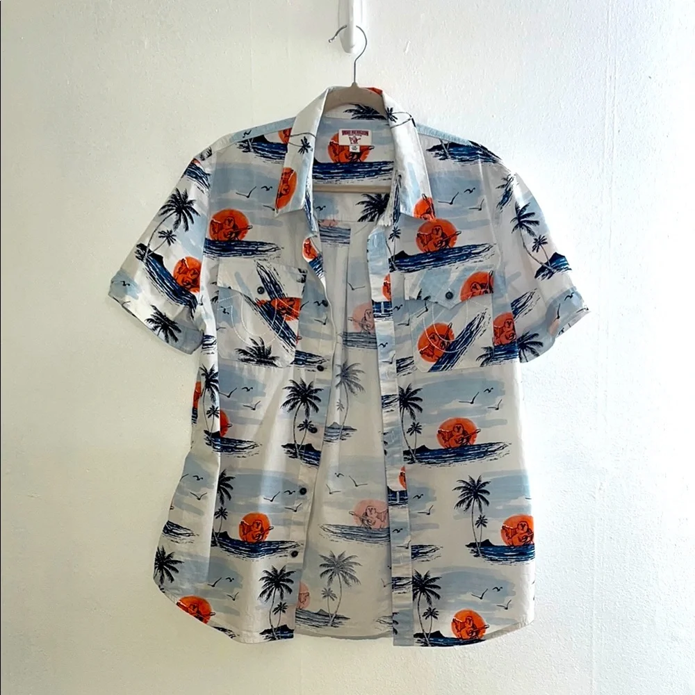 TRUE RELIGION Cotton Tropical Sunset Print Men's Button Down Shirt Sz‎ Large